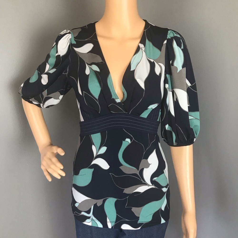 BCBG Max Azria Cinched Waist Blouse – Blue & Teal, Size Small